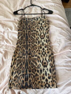 Leopard Print Sequin Mini Dress - Brown/Black
